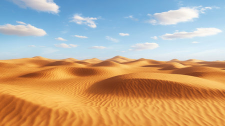 A sandy desert with large dunes stretching into the horizon, leaving space for copy in the sky.の素材