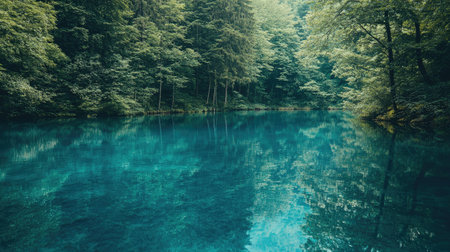 A clear blue lake surrounded by dense forest, with ample space for text in the waterÃ¢â¬â¢s reflection.の素材
