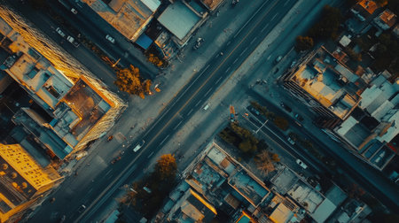 A bird's-eye view of a major highway running through a city, leaving room for text in the open spaces.の素材