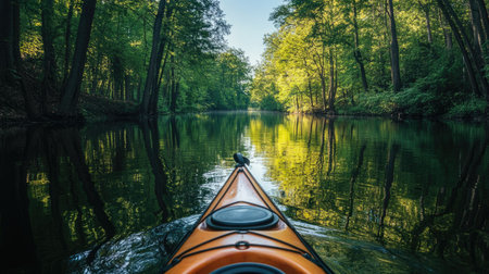 A kayak floating down a tranquil river with trees reflecting in the water, leaving room for text.の素材