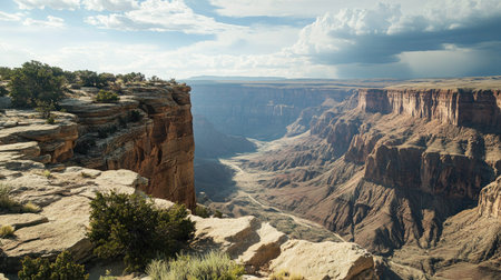 A rocky outcrop overlooking a deep canyon, with vast space for copy in the sky and foreground.の素材