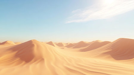 A sandy desert with large dunes stretching into the horizon, leaving space for copy in the sky.の素材