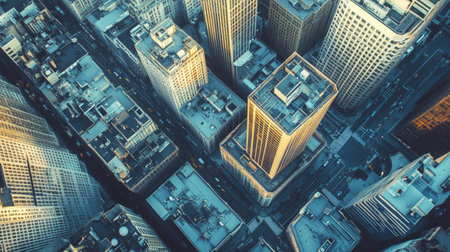 Aerial shot of a city downtown with modern skyscrapers and old architecture, leaving space for copy.の素材