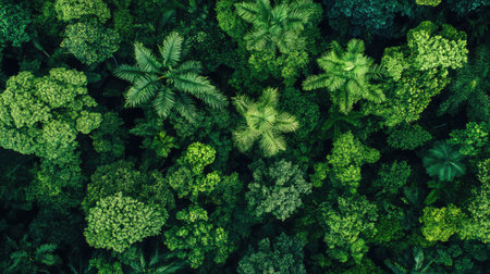 Aerial shot of a tropical rainforest canopy, with space for copy in the clear sky above.の素材