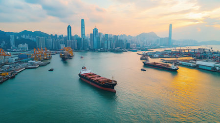 Aerial shot of a harbor with ships and tall buildings in the background, leaving space for copy.の素材