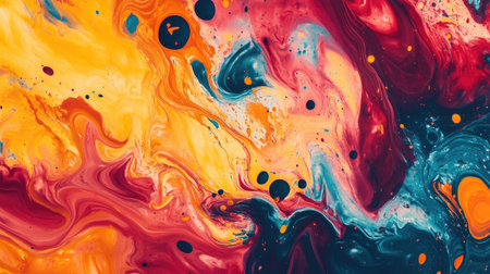 Abstract pattern of splashes and swirls of paint, bright and colorful, with ample copy space.の素材