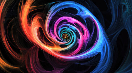 Abstract swirling lines and shapes creating a hypnotic pattern. Bright colors in contrast with dark background.の素材