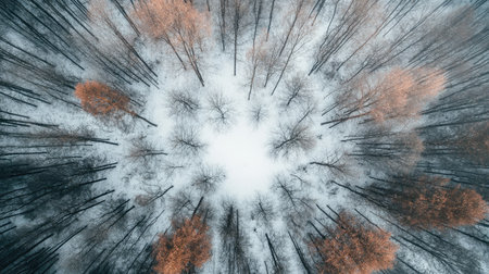 Bird's-eye view of a forest in the middle of winter, with bare trees and snow, leaving space for copy.の素材