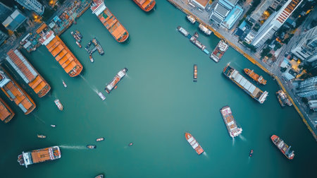 Aerial shot of a harbor with ships and tall buildings in the background, leaving space for copy.の素材