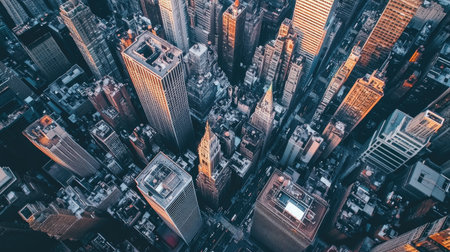 Aerial shot of a city downtown with modern skyscrapers and old architecture, leaving space for copy.の素材