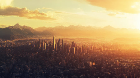 Aerial shot of a city's skyline with mountains in the distance, leaving room for copy.の素材
