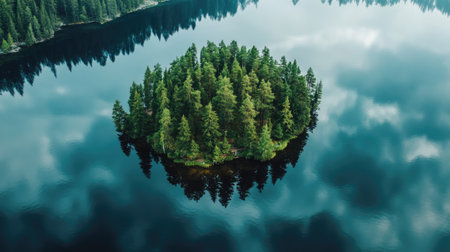 Aerial shot of a forested island in a lake, with ample space for text in the water reflections.の素材