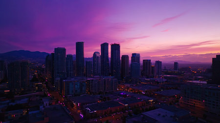 Aerial shot of a modern city skyline at dusk, with room for text in the purple sky.の素材