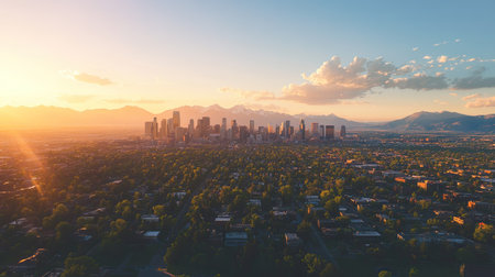 Aerial shot of a city's skyline with mountains in the distance, leaving room for copy.の素材