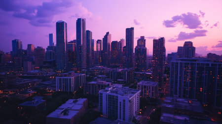 Aerial shot of a modern city skyline at dusk, with room for text in the purple sky.の素材