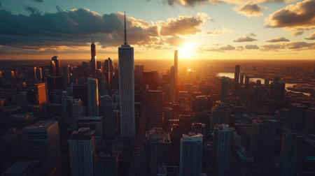 Aerial view of a city skyline at sunset with high-rise buildings, leaving space for copy in the sky.の素材