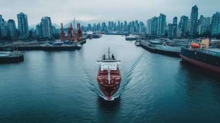Aerial shot of a harbor with ships and tall buildings in the background, leaving space for copy.の素材