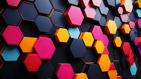Geometric abstract pattern with interconnected hexagons and bright contrasting colors.の素材