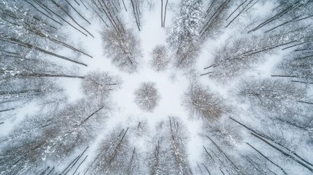 Bird's-eye view of a forest in the middle of winter, with bare trees and snow, leaving space for copy.の素材