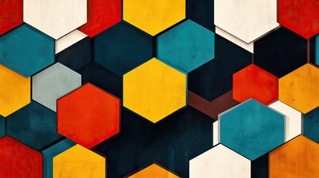 Geometric abstract pattern with repeating hexagons and bold, contrasting colors.の素材