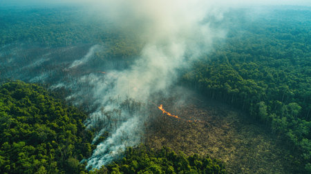 Aerial view of a forest firebreak cutting through dense trees, leaving space for text in the foreground.の素材