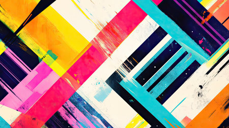 Geometric abstract pattern with bold diagonal stripes and triangles in vibrant colors, high contrast design.の素材