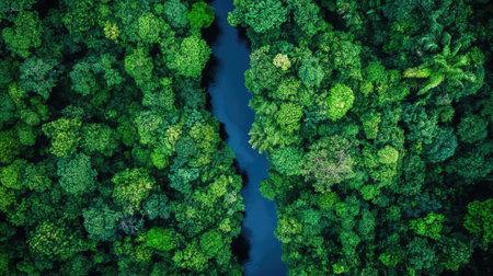 Aerial view of a dense forest canopy with a river running through, ample space for text in the sky.の素材