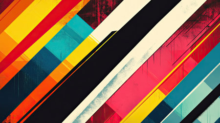 Geometric abstract pattern with bold diagonal stripes and triangles in vibrant colors, high contrast design.の素材
