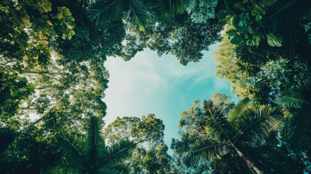 Aerial shot of a tropical rainforest canopy, with space for copy in the clear sky above.の素材