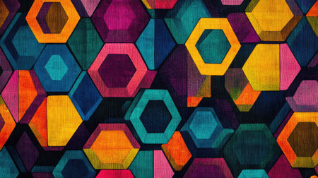 Geometric abstract pattern with interconnected hexagons and bright, vibrant colors.の素材