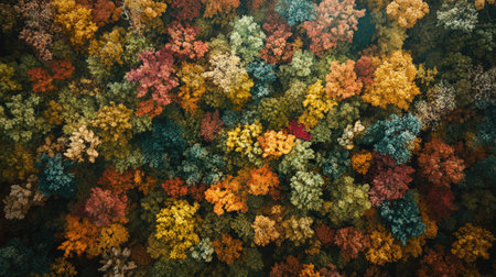 Bird's-eye view of autumn foliage covering a forest, with room for copy in the open sky.の素材