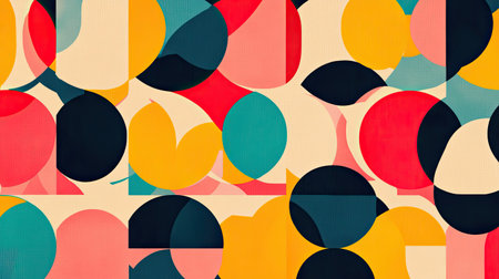 Geometric abstract pattern with repeating circles and bright, contrasting colors.の素材