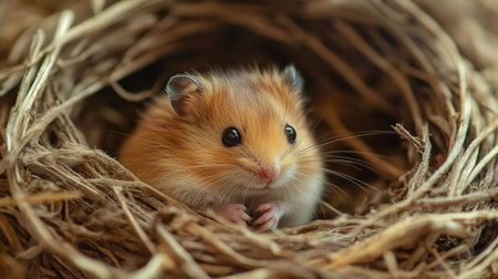 Close-up of a tiny hamster in its nest, gentle background with plenty of copy space for design.の素材