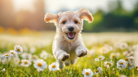 Puppy running through a field of daisies, vibrant background with wide copy space.の素材