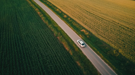 Aerial view of a rural road passing through fields of crops, no cars, large copy space available.の素材