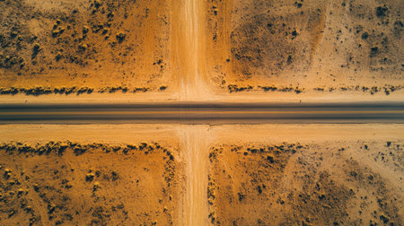 Aerial view of an isolated road crossing through a barren desert, no cars, with copy space.の素材