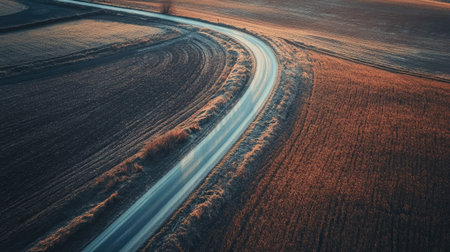 Rural road through farmland, no cars visible, aerial perspective with ample copy space.の素材