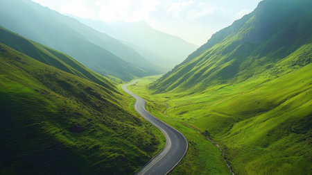 Empty mountain road winding through green valleys, aerial shot with copy space for text or design.の素材