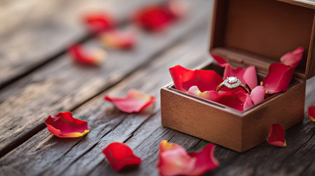 Engagement ring in a box with rose petals scattered around, symbolic romance and celebration concept, copy space.の素材