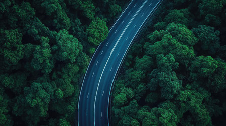 Empty highway cutting through dense forests, aerial view with plenty of copy space available.の素材