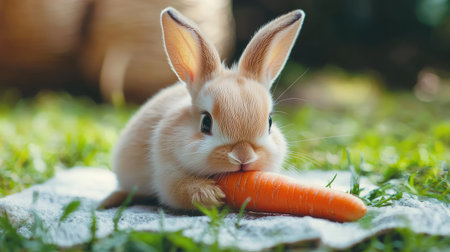 Baby rabbit munching on a carrot, cute scene with wide copy space for text or graphics.の素材