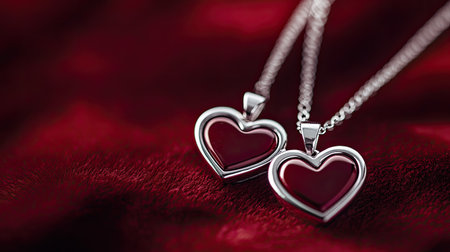 Two intertwined heart-shaped necklaces on a velvet background, representing love and celebration, copy space included.の素材