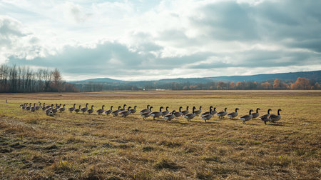 Farm landscape with a flock of geese walking in the open field, no people, large copy space available.の素材