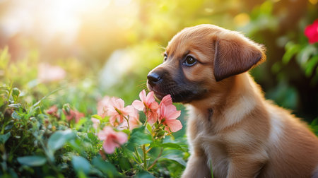 Puppy playing with a flower in a garden, cute scene with wide copy space for text.の素材