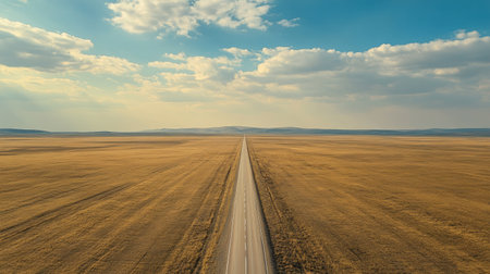 Long road crossing a vast plain, aerial view, no cars, wide area for copy or text.の素材