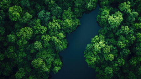 Aerial view of a river cutting through a dense forest, with space for text above the canopy.の素材
