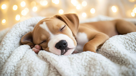 Puppy sleeping peacefully on a soft blanket, gentle lighting with wide copy space for text.の素材