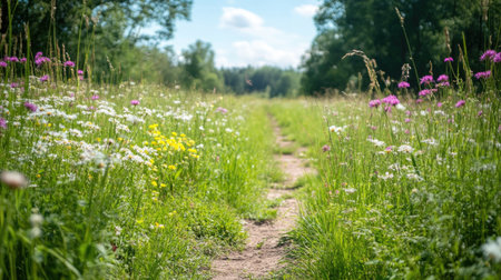 A dirt path leading through an open field, with wildflowers on either side and space for text.の素材