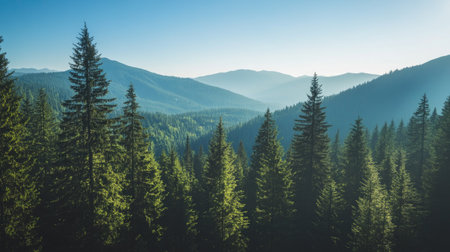 Aerial shot of a mountainous forest landscape, with tall trees and clear skies, leaving room for copy.の素材