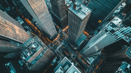 Aerial shot of a modern city with tall skyscrapers and wide streets, leaving room for text in the sky.の素材